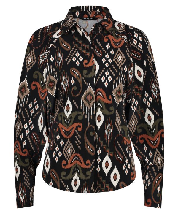 Lady Day - Bellamy - Jakarta - Travelstof | Morgen in huis Travelstof Blouse Dames Cognac Zwart Print