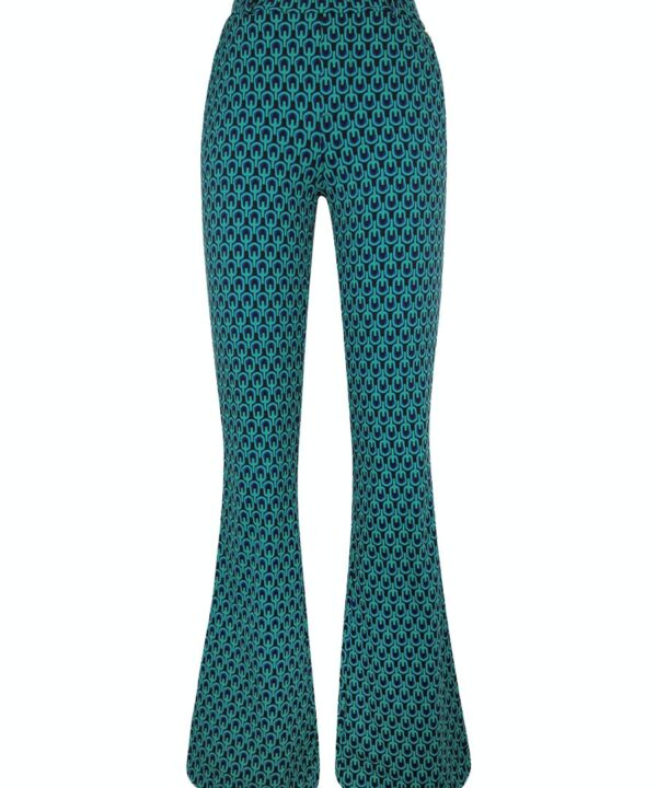 Aime Balance - Serena Flared - Retro Greens Print Travelstof Broek Dames Groen