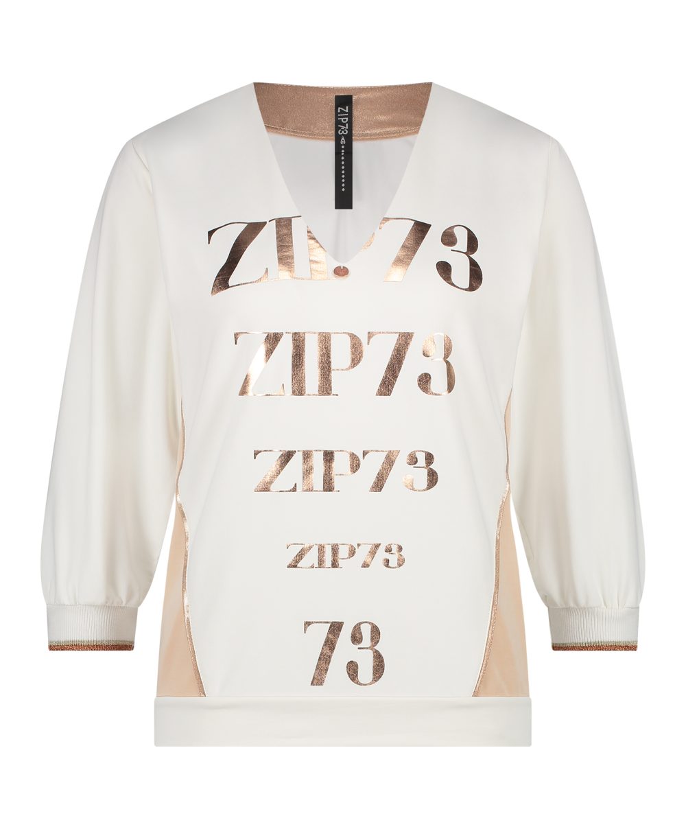 ZIP73 - Top 3/4 Mouw Bies - L.Yellow/Rosé | travelstof | off white | v-hals