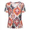 &Co Woman - Venice - Navy Multi Dames Mode T shirt V hals Madam Peach Kleurrijk Trendy