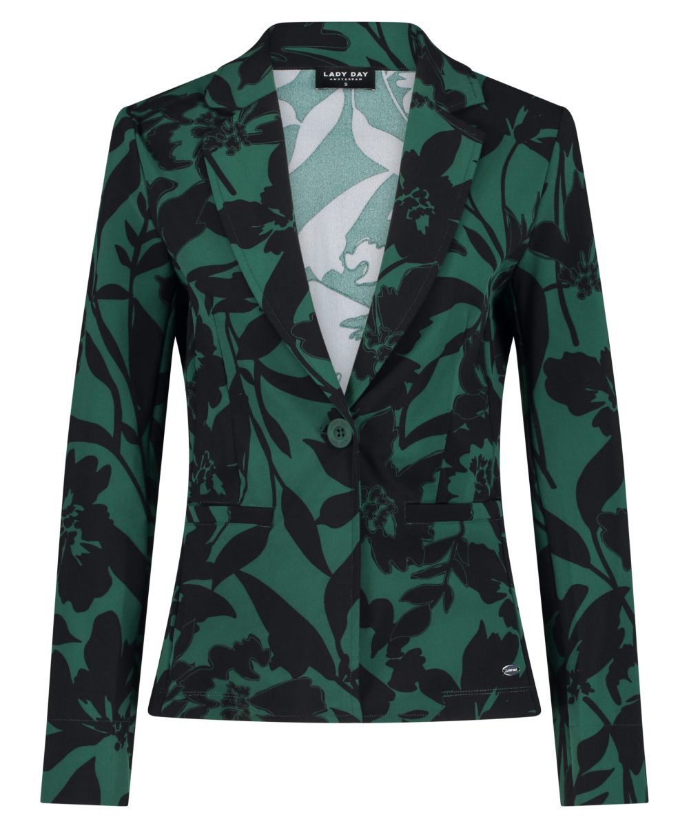 Lady Day - Blazer Billy - Mystic Flower - Travelstof - Damesblazer - Jasje - Bloemenprint - Groen Green - Black Zwart.