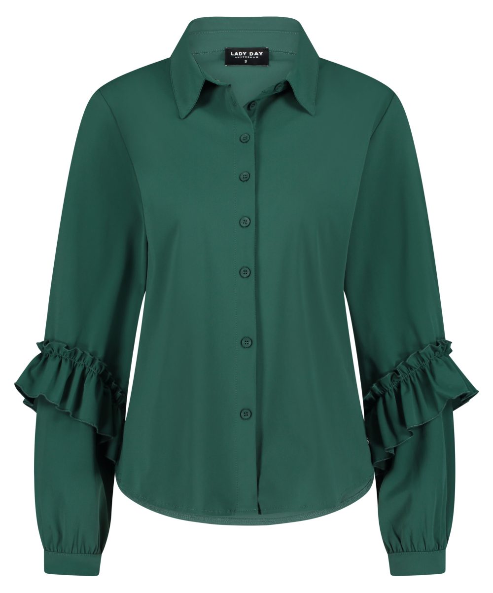 Lady Day - Blouse Jaira - Mystic green - Travelstof - Damesblouse - Donkergroen - Knoopjes - Dark Green - Long Sleeve.