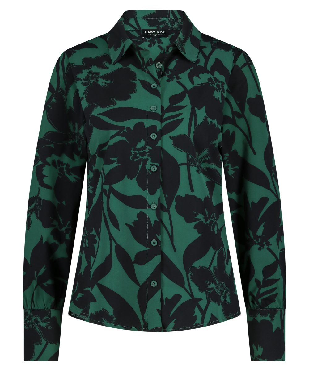 Lady Day - Mila Blouse - Mystic Flower - Travelstof - Damesblouse - Groen Zwart - Green Black - Flower print - Bloemenprint.