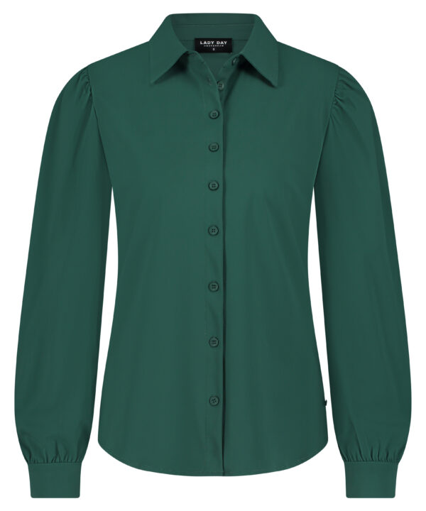 Lady Day - Blouse Philly - Mystic green - Travelstof - Damesblouse - Knopen - Donkergroen, - Dark Green - Lange mouw.