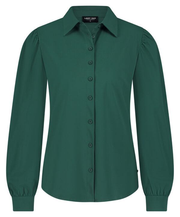 Lady Day - Blouse Philly - Mystic green - Travelstof - Damesblouse - Knopen - Donkergroen, - Dark Green - Lange mouw.