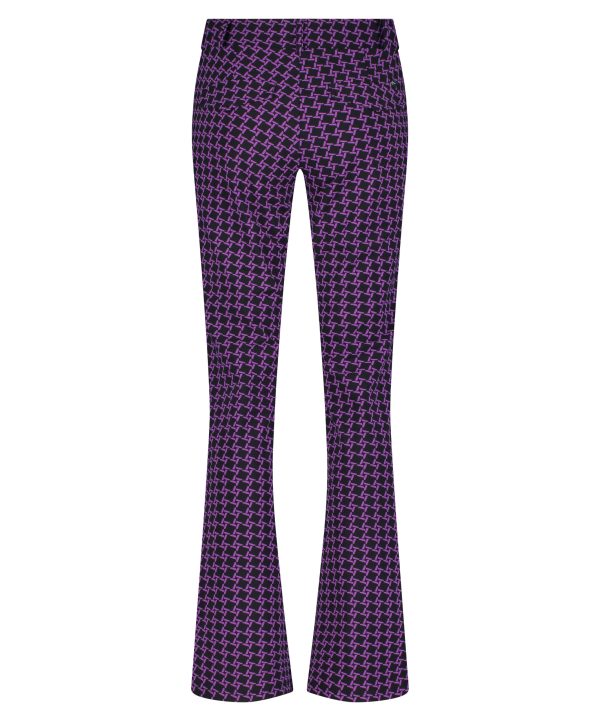 Lady Day - Poppy Flared - Twilight Check Print - Travelstof - Paars Purple - Zwart Black - Geblokt - Damesbroek - Trouser - uitlopende pijp.