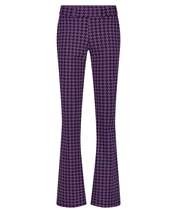 Lady Day - Poppy Flared - Twilight Check Print - Travelstof - Paars Purple - Zwart Black - Geblokt - Damesbroek - Trouser - uitlopende pijp.