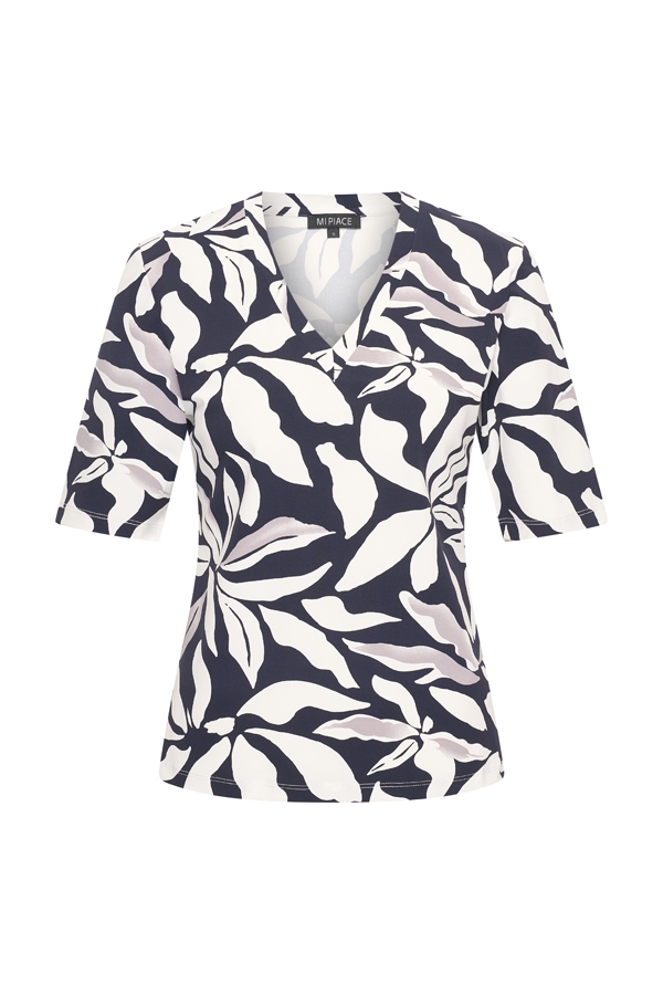 Mi Piace - T Shirt V Neck Flower Print - Dark Blue | Off White