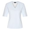 Mi Piace - T shirt V Hals Lange Mouw - Light Blue | Off White Linen Print