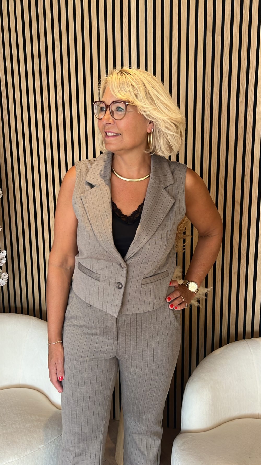 Red Button - Waistcoat Punta Pinstripe - Warm Taupe