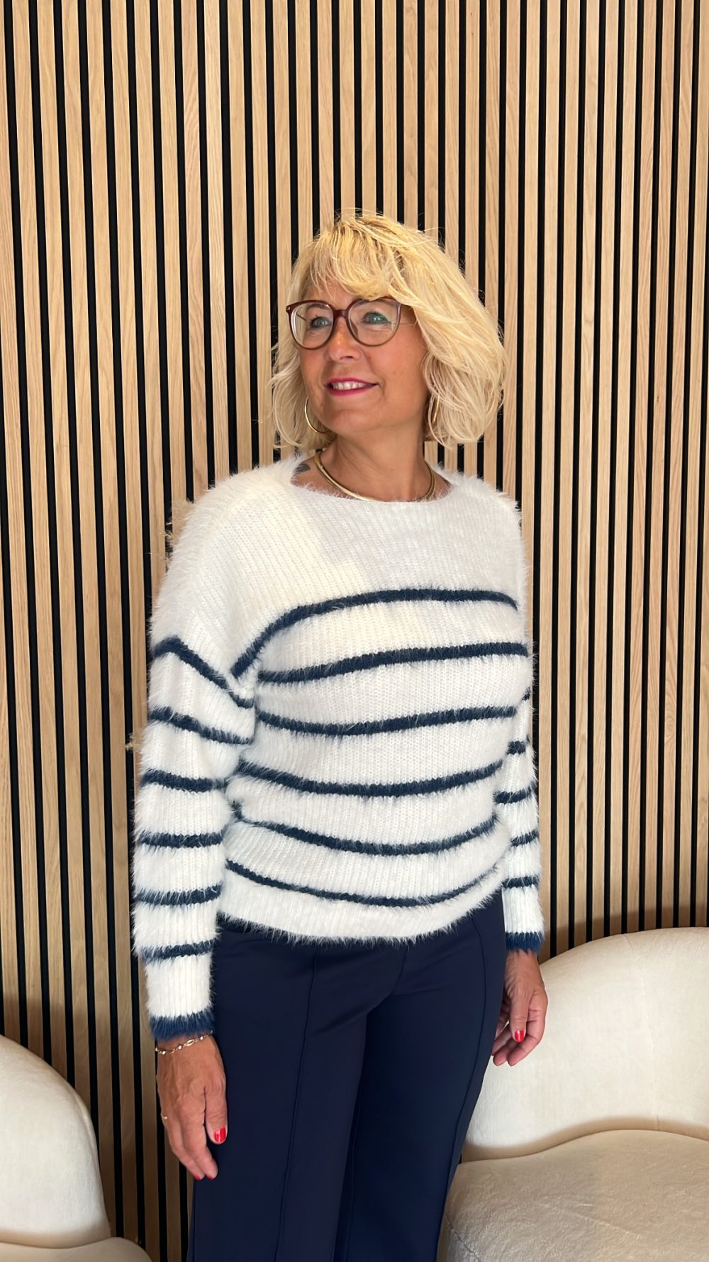 Red Button - Fuzzy Sweater & Stripe - Ecru/Indigo