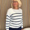 Red Button - Fuzzy Sweater & Stripe - Ecru/Indigo