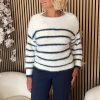 Red Button - Fuzzy Sweater & Stripe - Ecru/Indigo