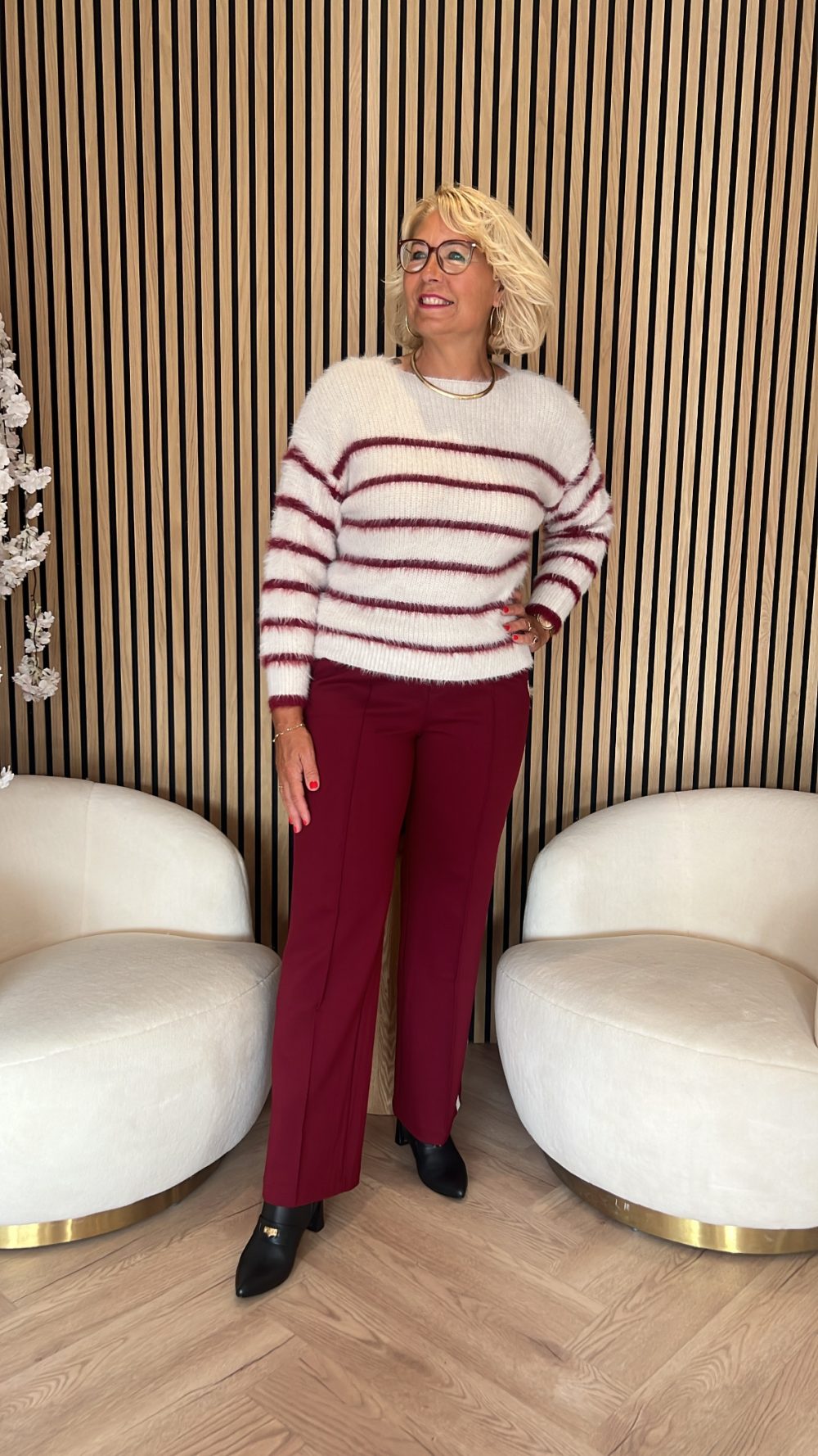 Red Button - Fuzzy Sweater & Stripe - Cream/Ruby