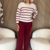 Red Button - Fuzzy Sweater & Stripe - Cream/Ruby