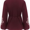 Triple Nine - Blouse flower embroidery on sleeves - Burgundy