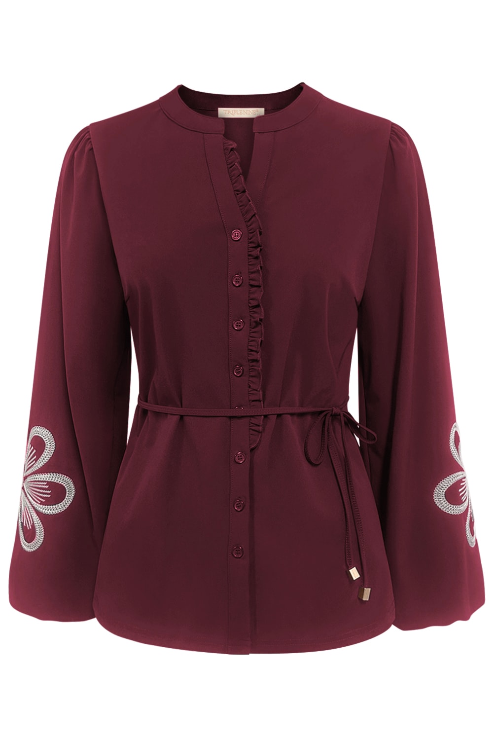 Triple Nine - Blouse flower embroidery on sleeves - Burgundy
