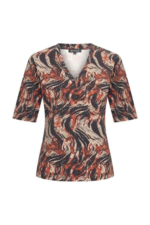 Mi Piace - T Shirt V Neck Swirly Print - Rust