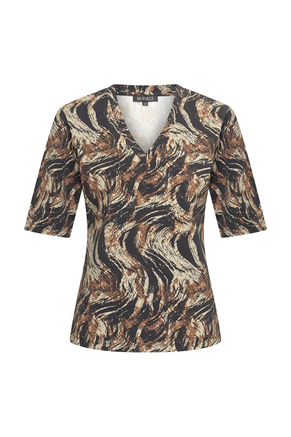 Mi Piace - T Shirt V Neck Swirly Print - Caramel