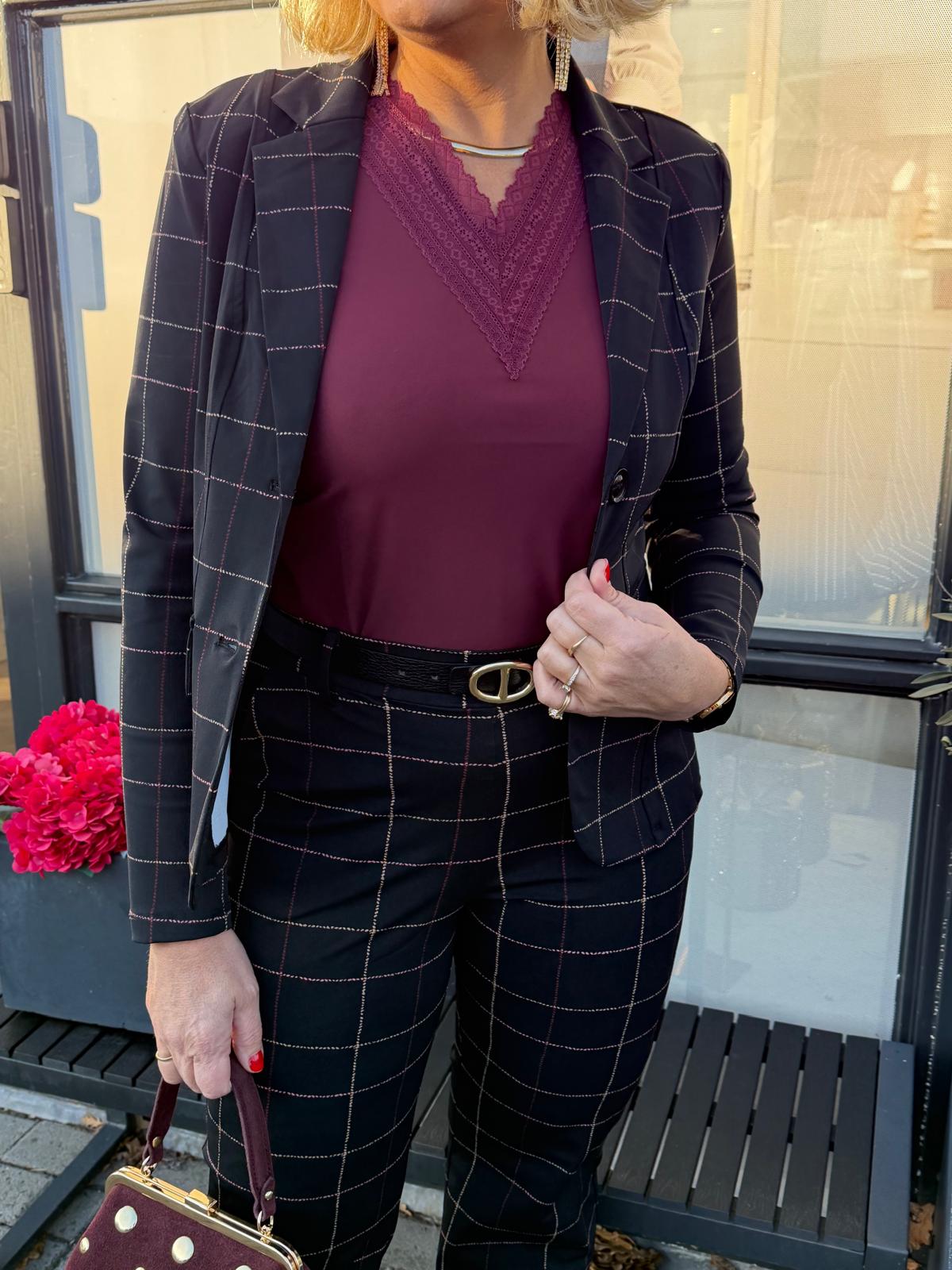 Mi Piace - Travelstof Blazer Check Herringbone Print - Black | Burgundy - Afbeelding 4