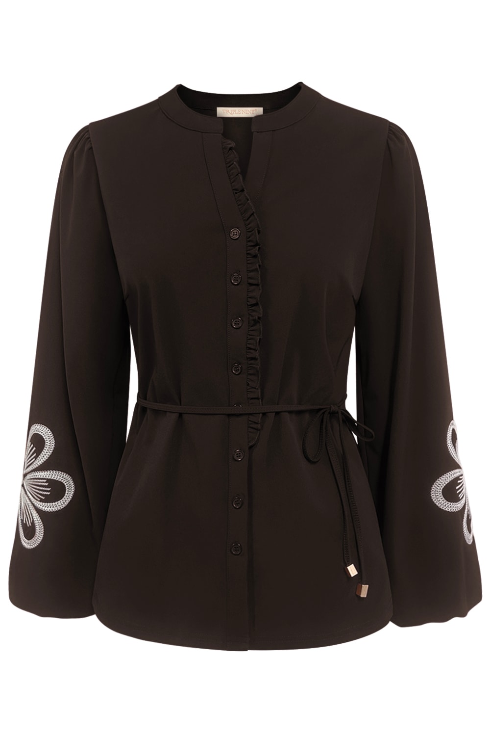 Triple Nine - Blouse flower embroidery with cord - D. Brown