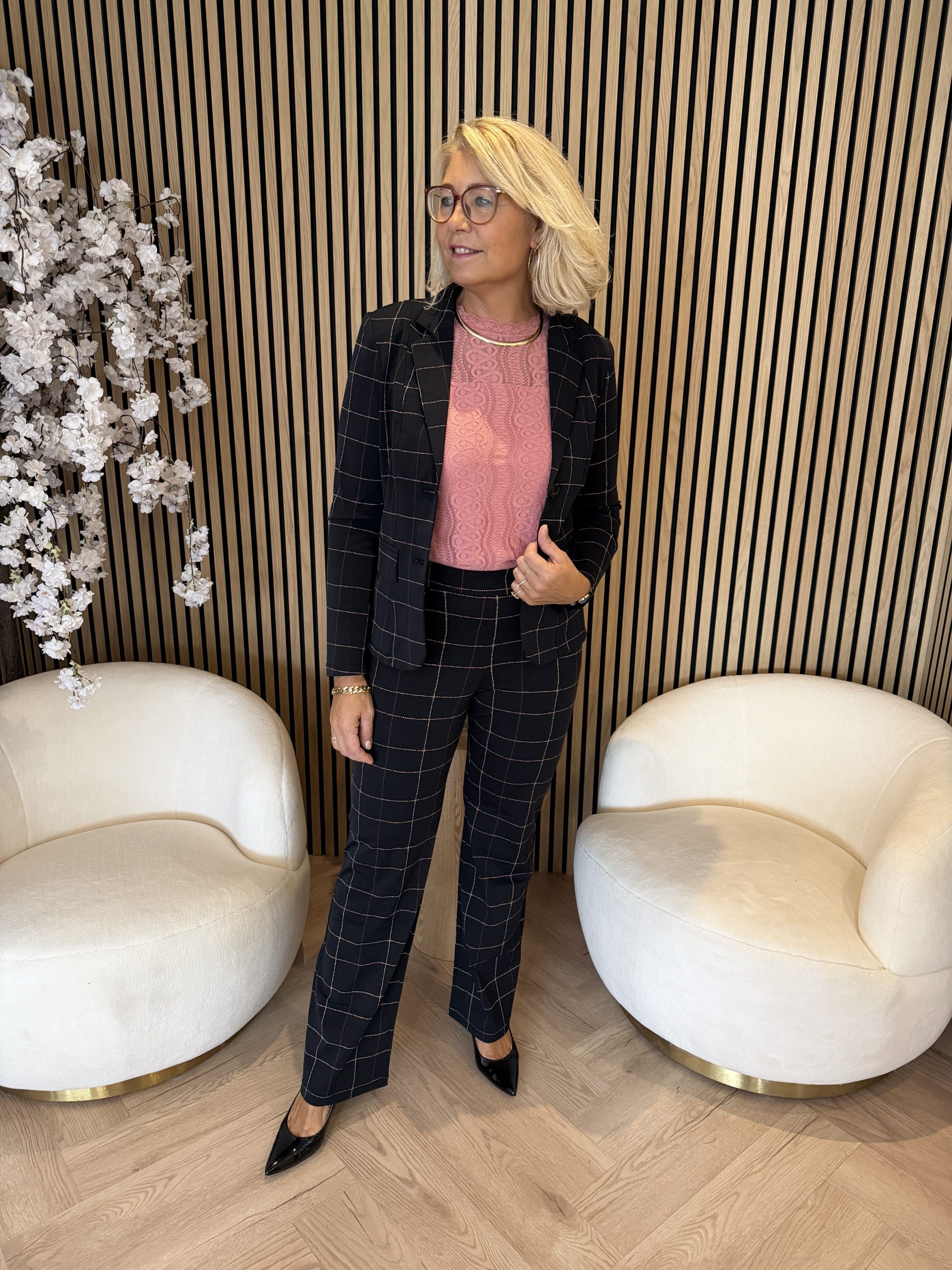 Mi Piace - Blazer Check Herringbone Print - Black | Burgundy