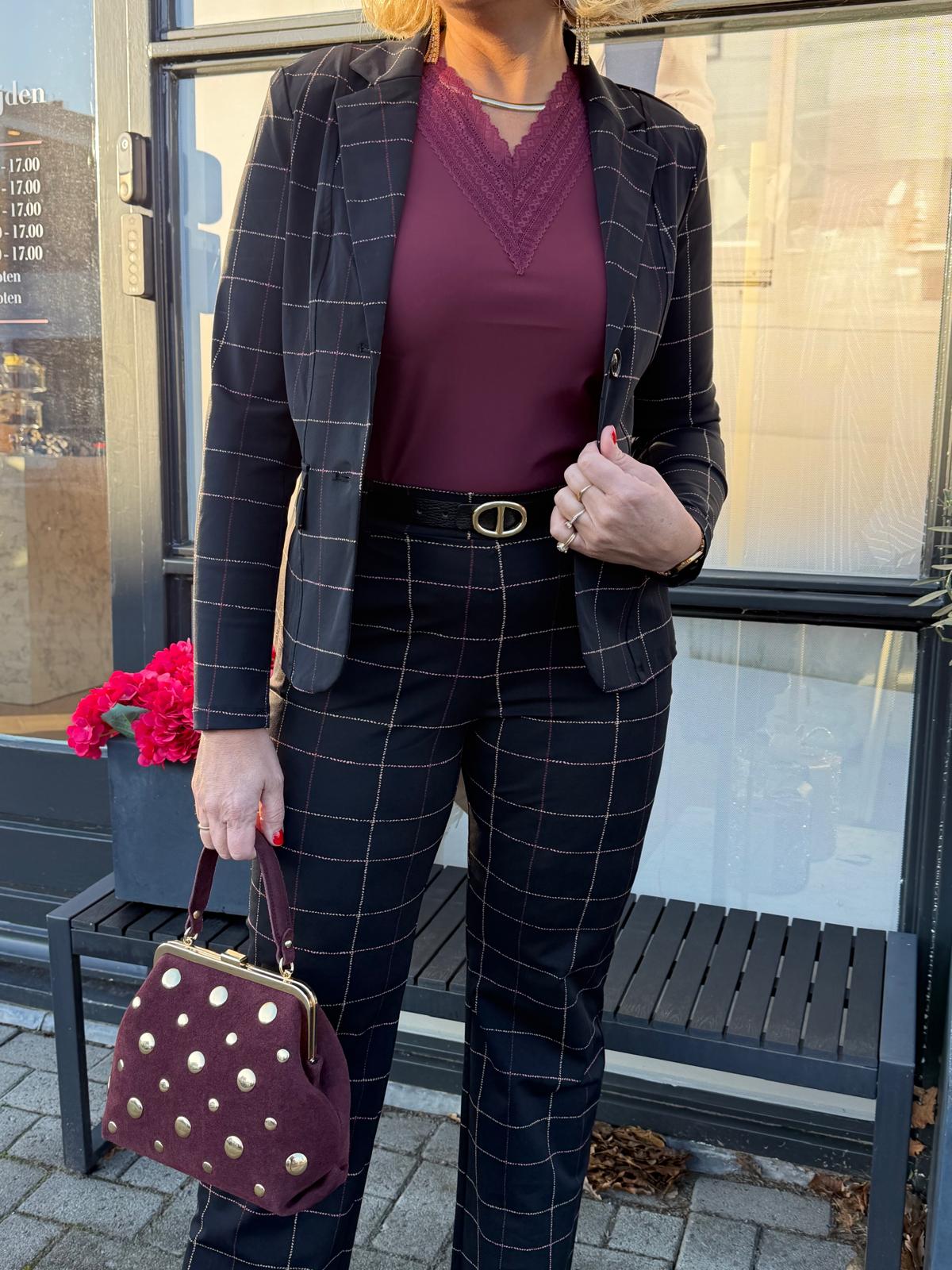 Mi Piace - Travelstof Blazer Check Herringbone Print - Black | Burgundy - Afbeelding 3