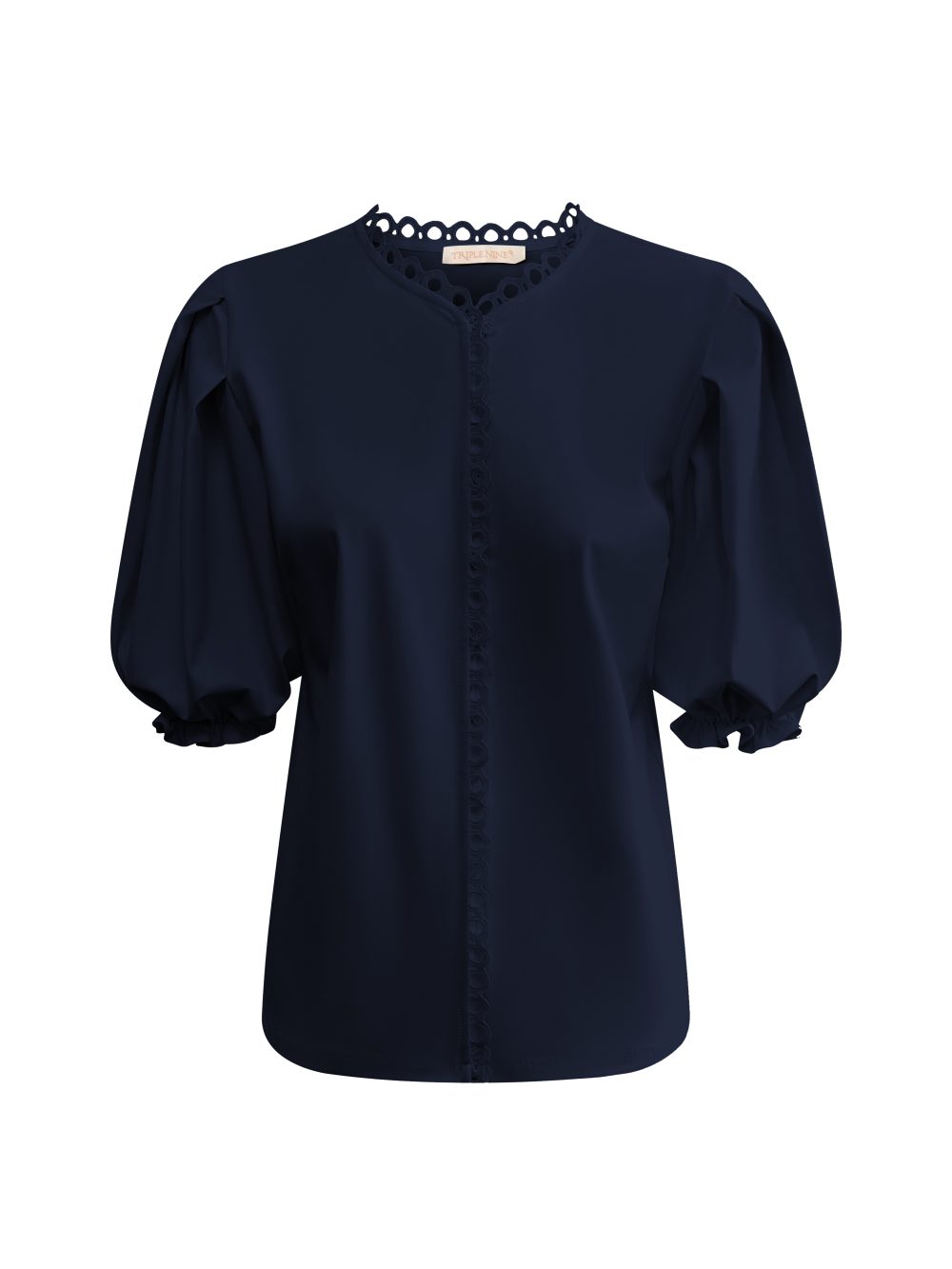 Triple Nine - Blouse with round laces short sleeves - Navy