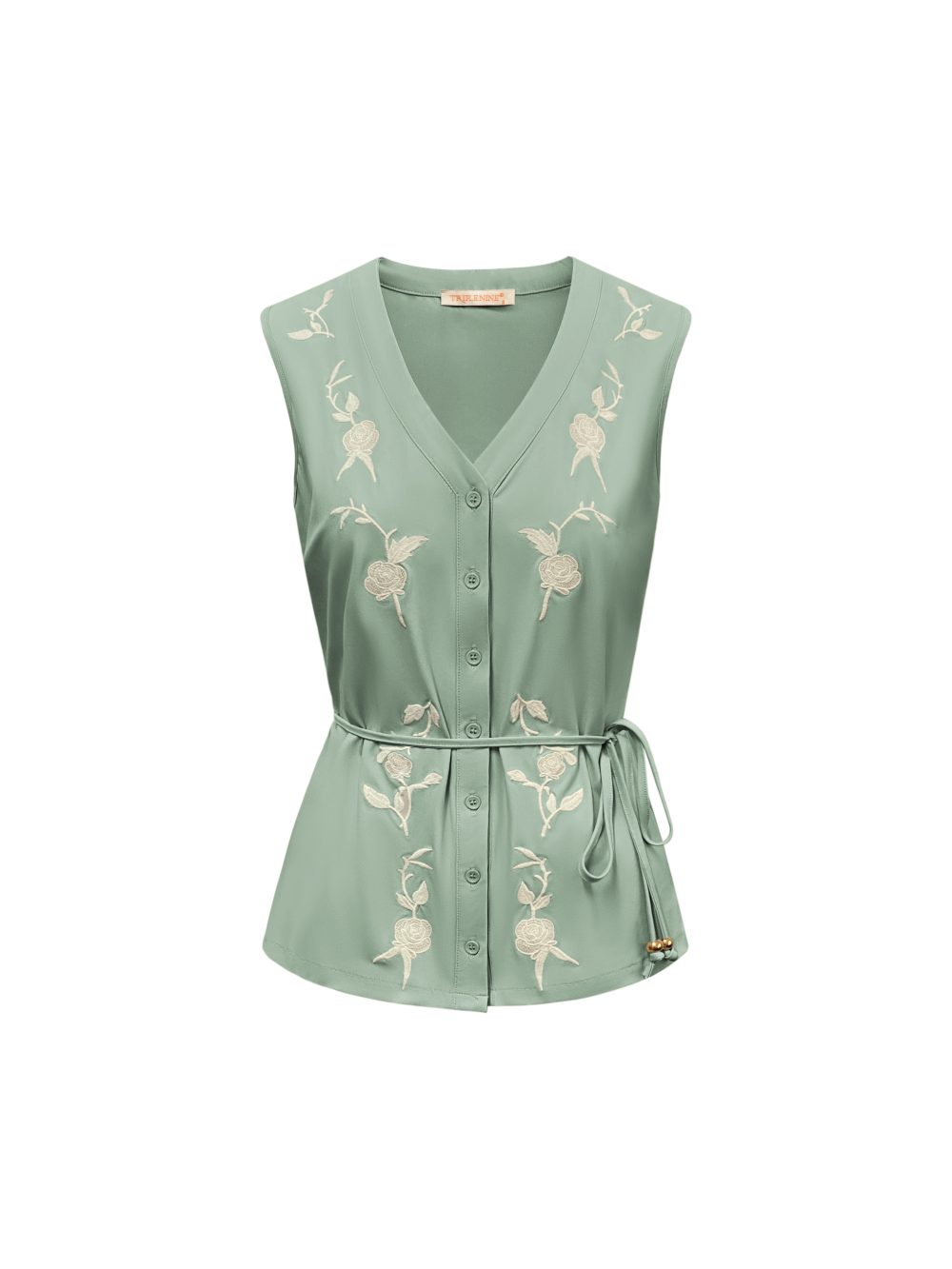 Triple Nine - Blouse cut sleeves with embroidery and cord - Sage green