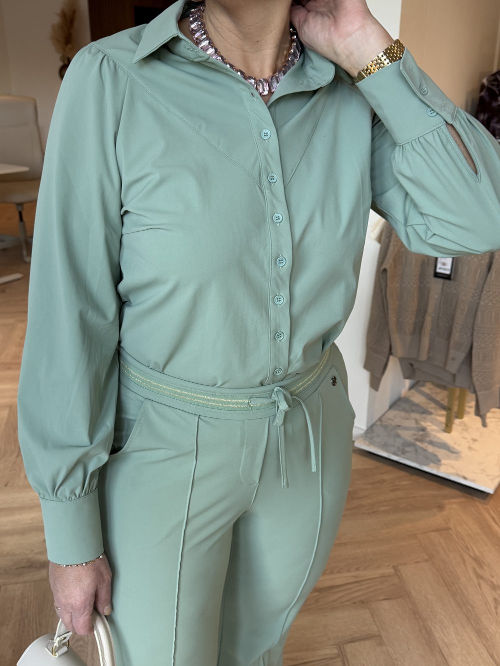 Triple Nine - Blouse basics half moon - Sage green & Triple Nine - Pant flared with gold rib belt - Sage green