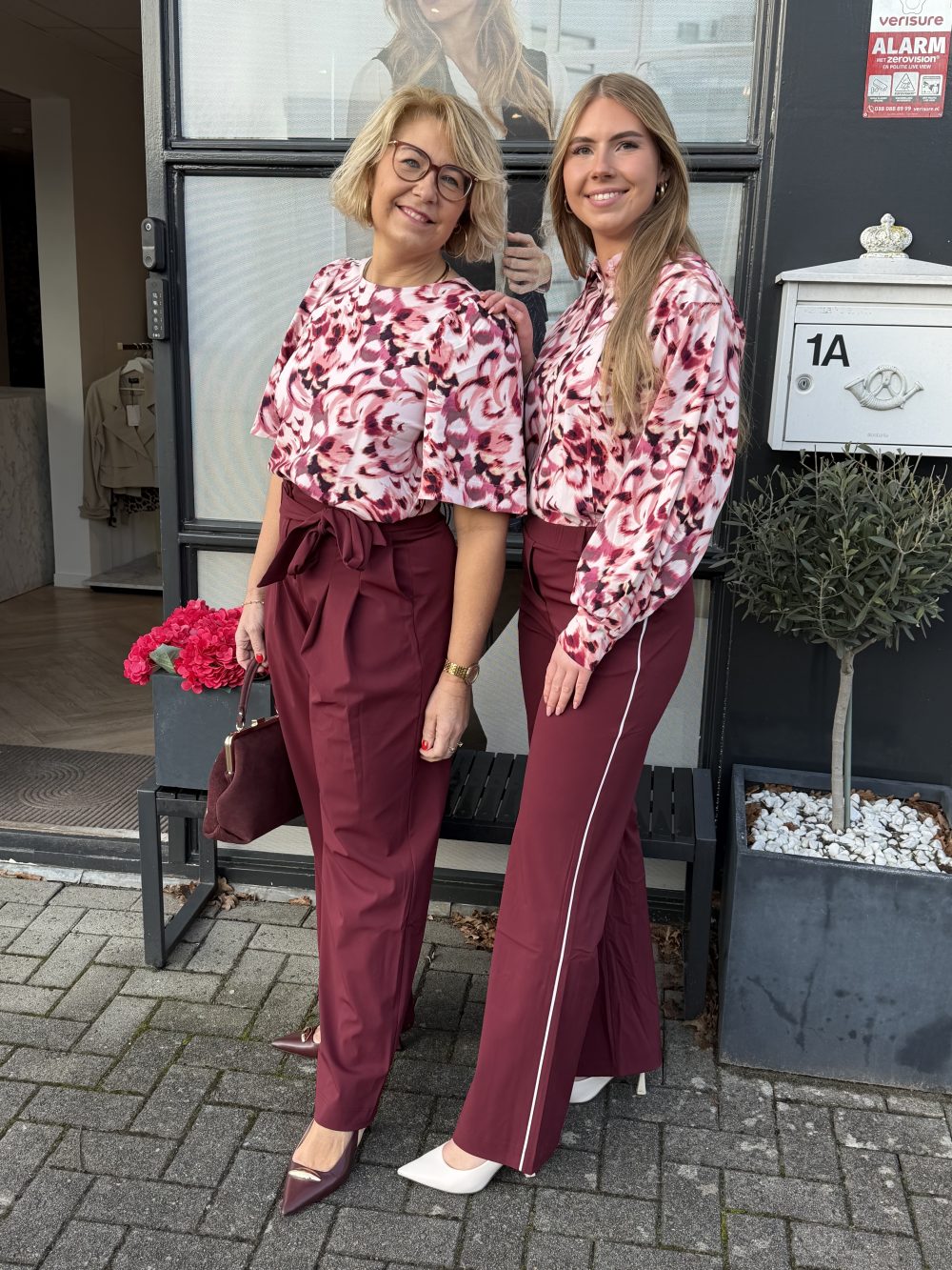 Lady Day - Steph Trousers - Burgundy & Lady Day - Gem Blouse - Morgan print & Lady Day - Aston Top - Morgan print