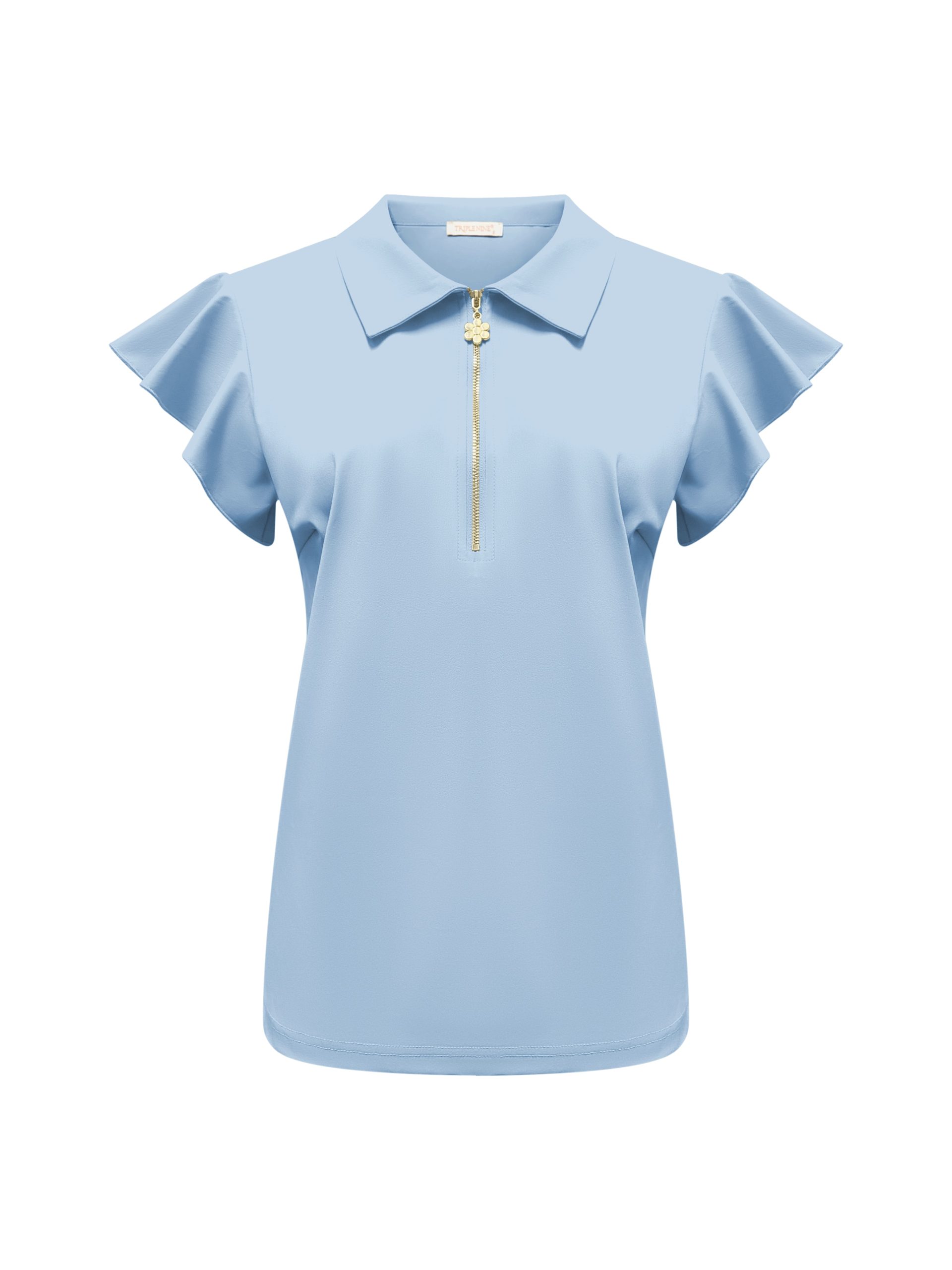 Triple Nine - Top with collar and zip and ruche sleeves - L.Blue