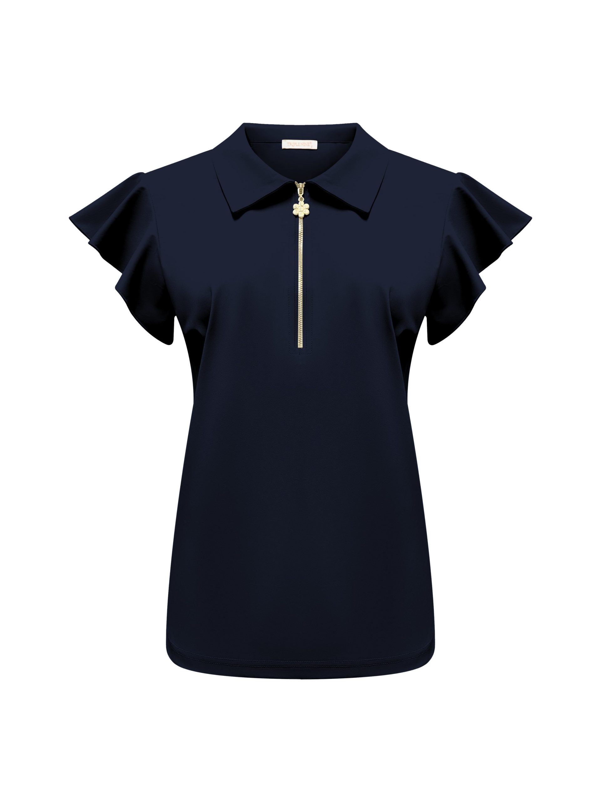 Triple Nine - Top with collar and zip and ruche sleeves - Navy