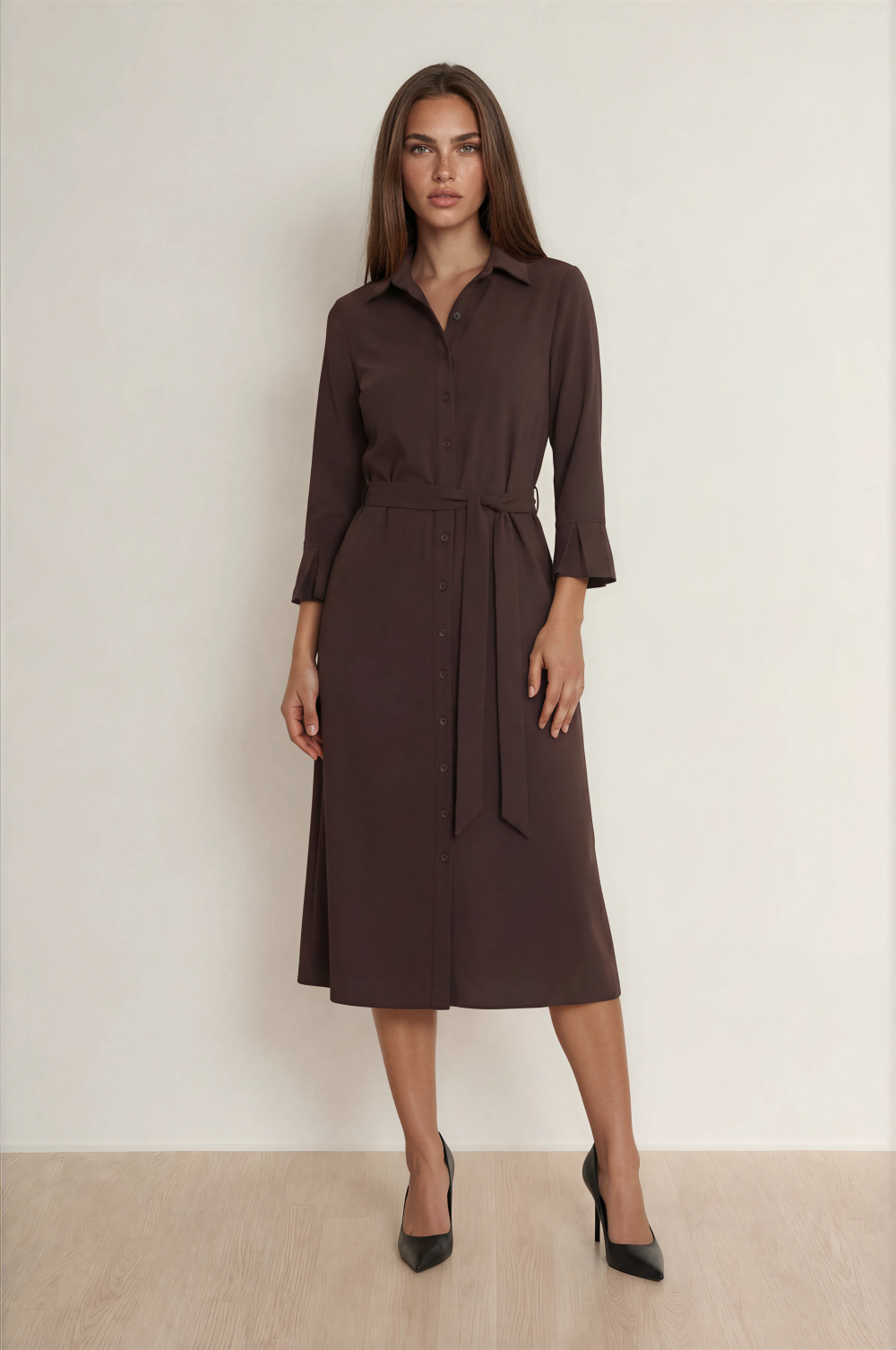 Mi Piace - Jurk 3/4 Mouw recht - Espresso