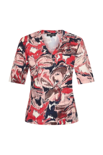 Mi Piace - T Shirt V Neck Wild Flower Print - Red - 1