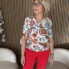 Mi Piace - T Shirt V Neck Embroidered Bloom Print - Multicolour