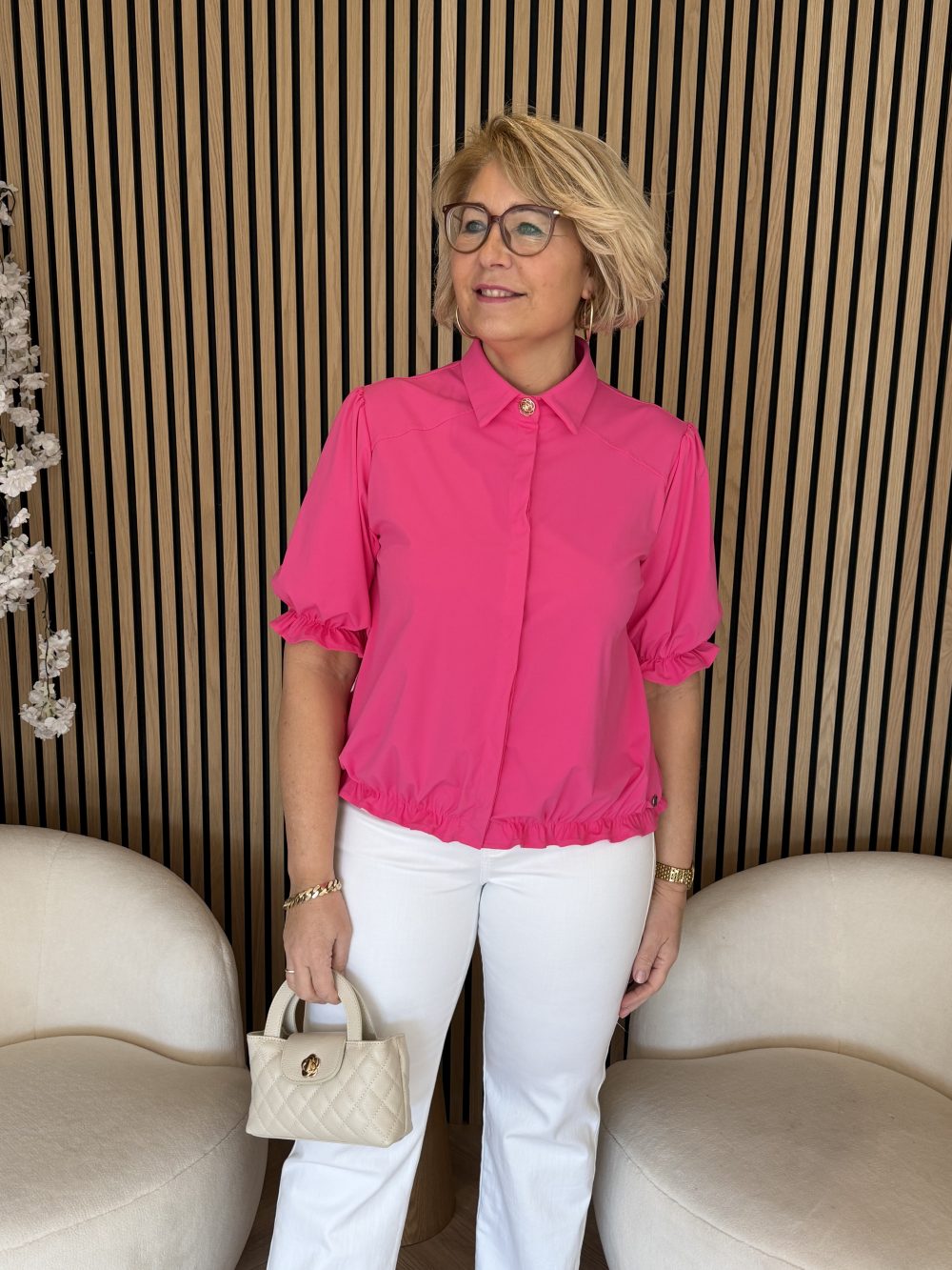 Triple Nine - Blouse with 1 gold button and elastiek - Fuchsia