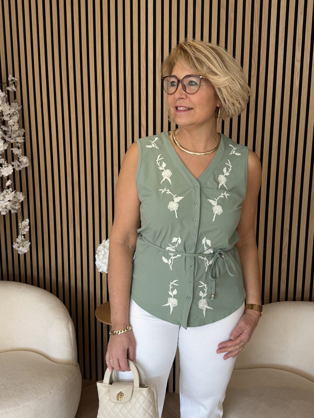 Triple Nine - Blouse cut sleeves with embroidery and cord - Sage green