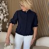 Triple Nine - Blouse with 1 gold button and elastiek - Navy