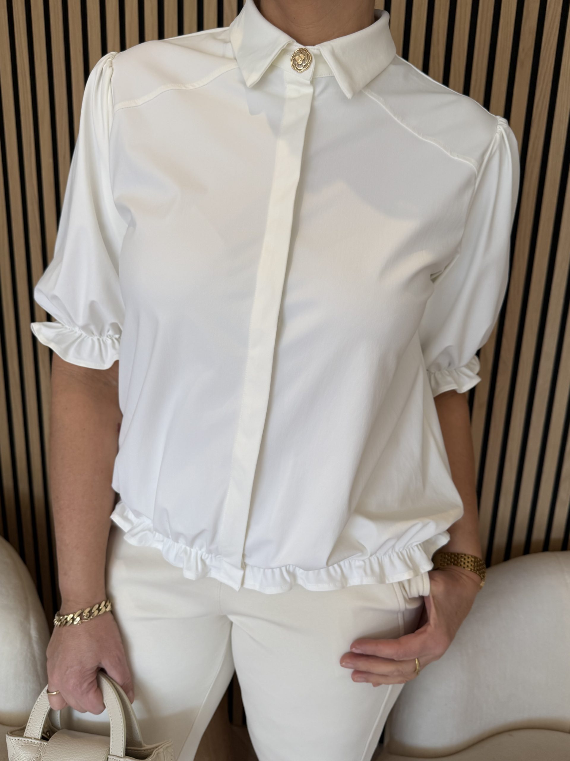 Triple Nine - Blouse with 1 Gold Button and Elastiek - White