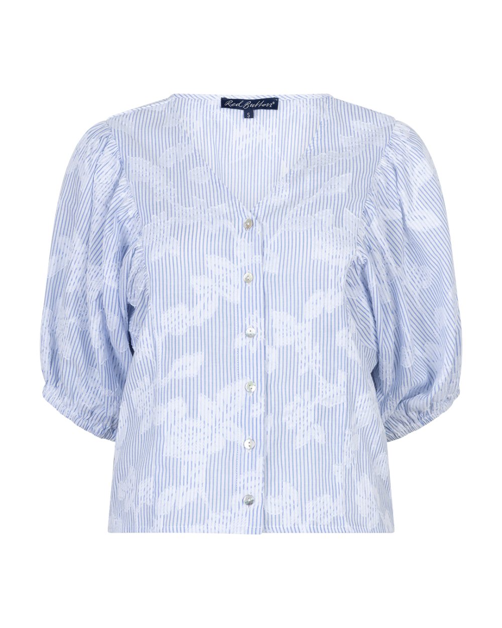 Red Button - Blouse Balloonsleeve Stripe & Flower - Blue