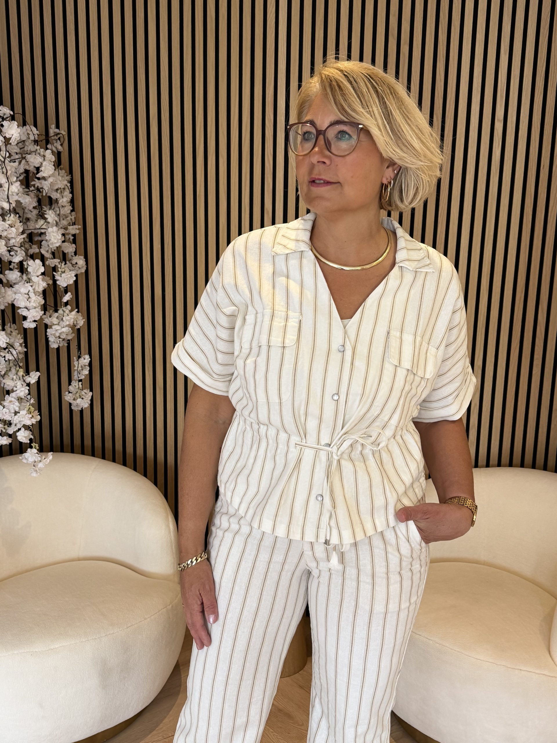 Red Button - Drew Drawstring Linen/Co Stripe - Darksand