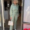 Triple Nine - Pant flared with gold rib belt - Sage green