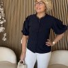 Triple Nine - Blouse with round laces short sleeves - Navy
