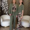 Mi Piace - Trousers Straight Heavy Pencil Branches Print - Olive