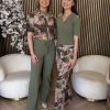 Mi Piace - Trousers Straight Heavy Pencil Branches Print - Olive