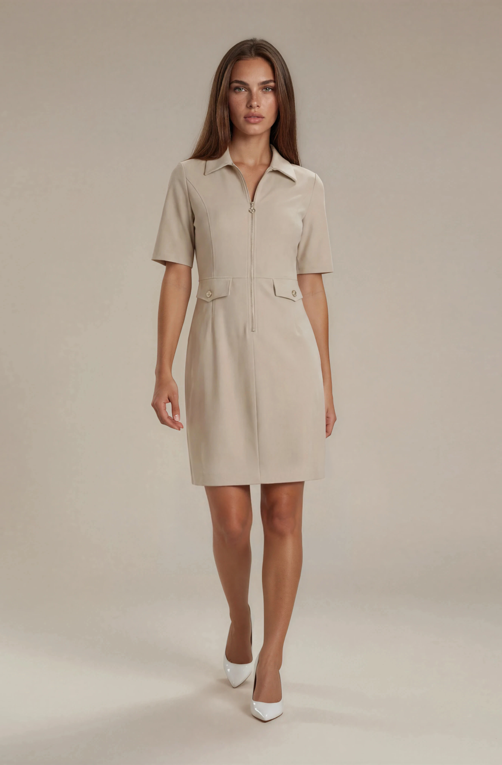 Triple Nine - Dress short sleeves with zip - Beige