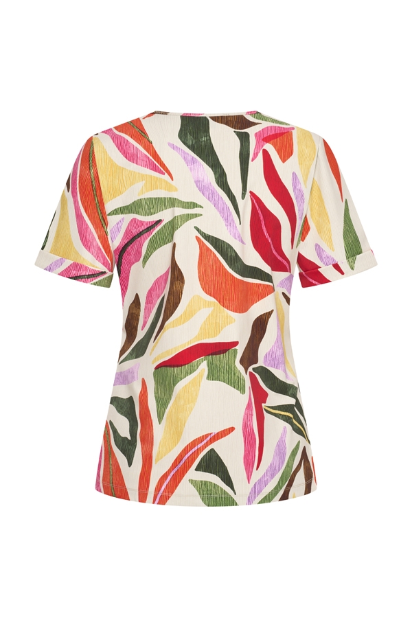 Piace - Top Caftan Neck Summer Leaf Dance Print - Off White