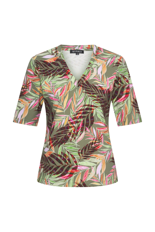 Mi Piace - T Shirt V Neck Pencil Branches Print - Olive | Morgen in huis!