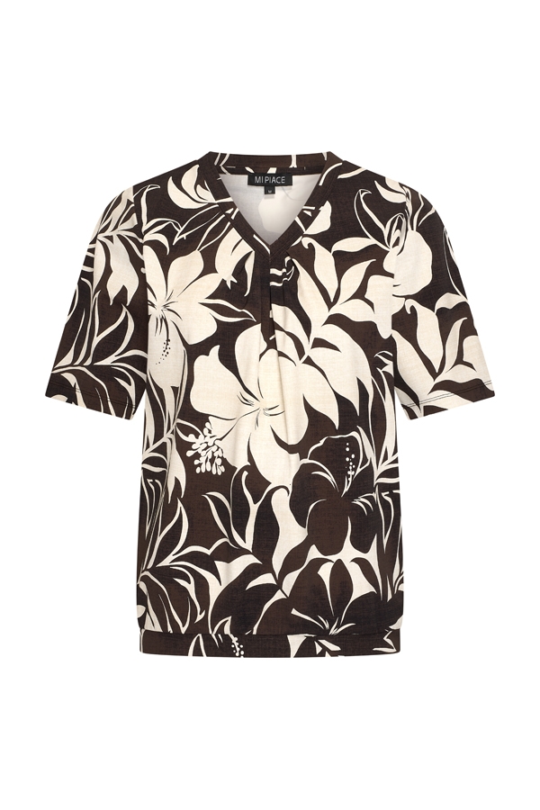 Mi Piace - Top V Neck Pleated Short Sl.- Espresso